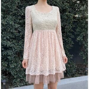 A’reve Romantic Tan Cream Underlined Tulle Stretch Long Sleeve Fairy Dress Small